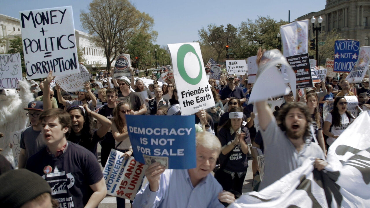 Protesters against dark money in Washington, DC — still from DARK MONEY, a PBS Distribution release
